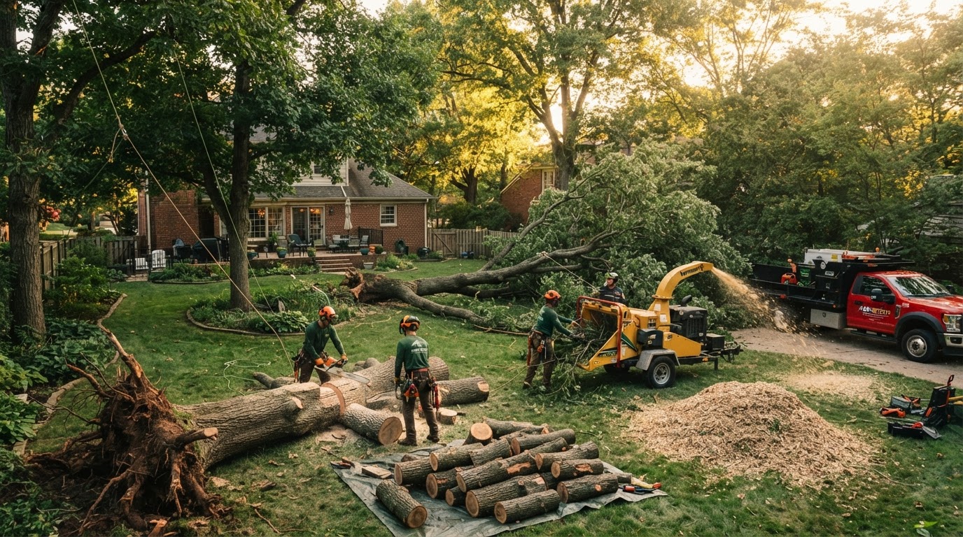 Crew removing a downed tree in a suburban backyard in South River, NJ