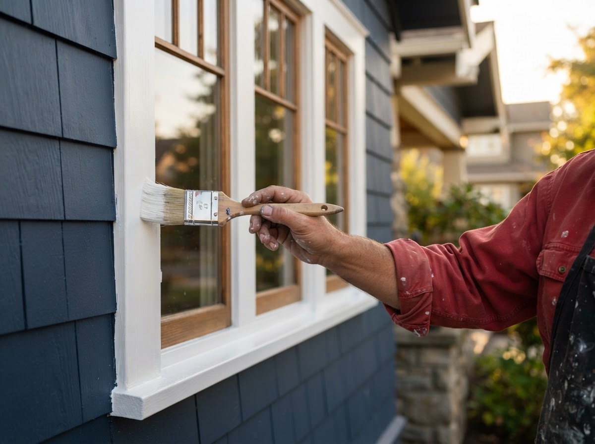 Painter in a red shirt hand-brushing white window trim on a craftsman home exterior