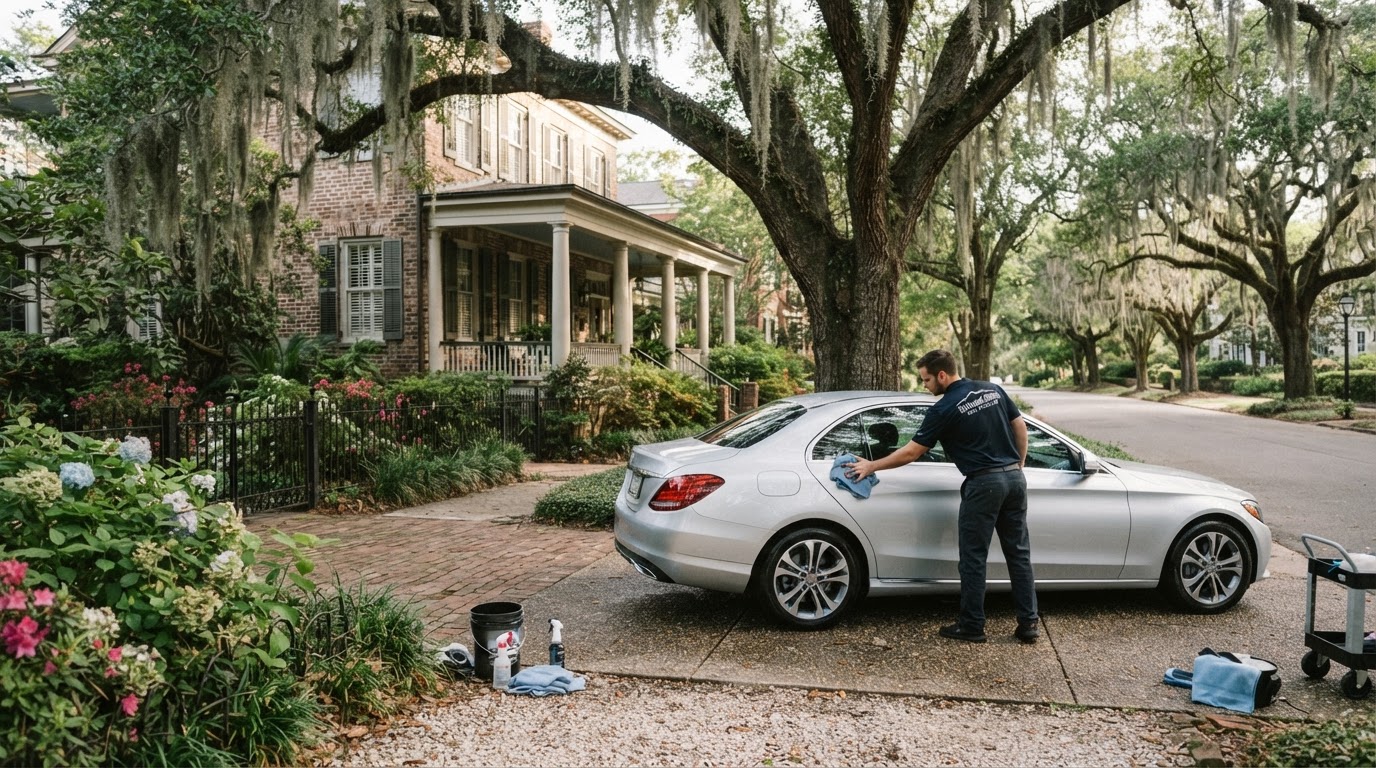 A clean silver sedan being professionally detailed in the driveway of a Savannah home beneath live oaks with Spanish moss