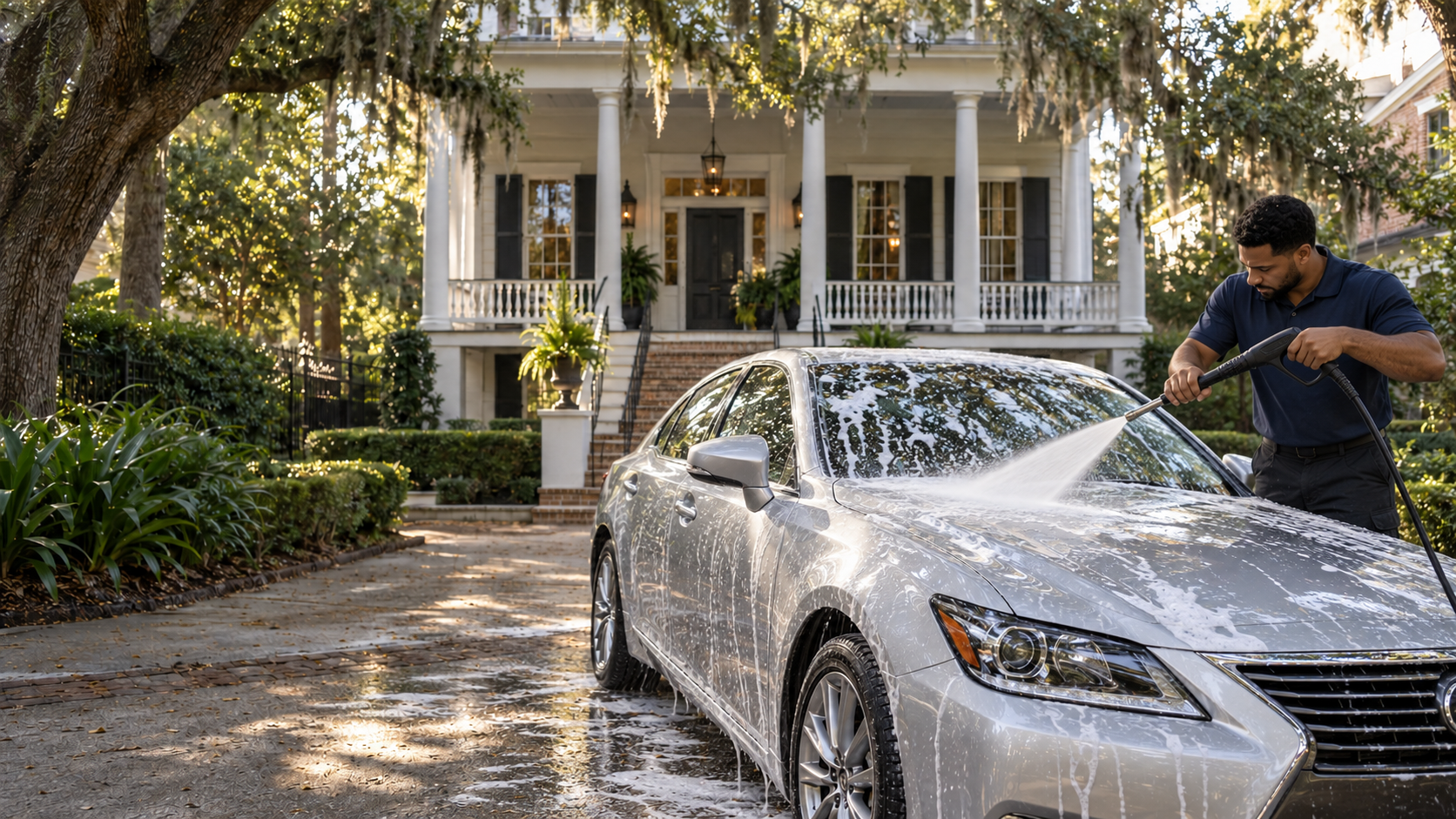A professional detailer pressure washing a foamed silver sedan parked in a brick driveway in front of a historic white Savannah mansion with live oaks and Spanish moss