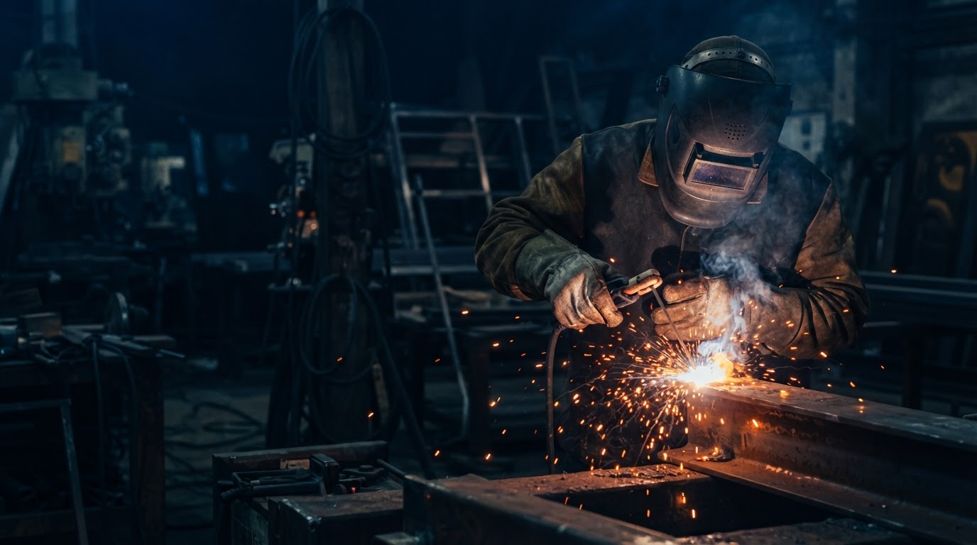 Welder striking an electric arc with bright orange sparks in an industrial workshop