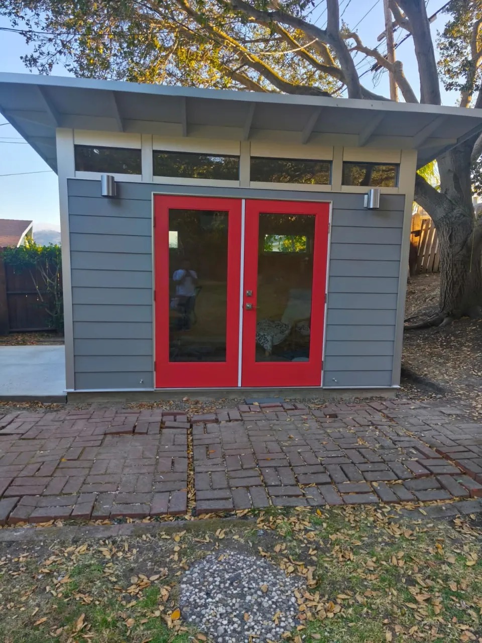 Burlingame Studio Shed Siding and Red Doors