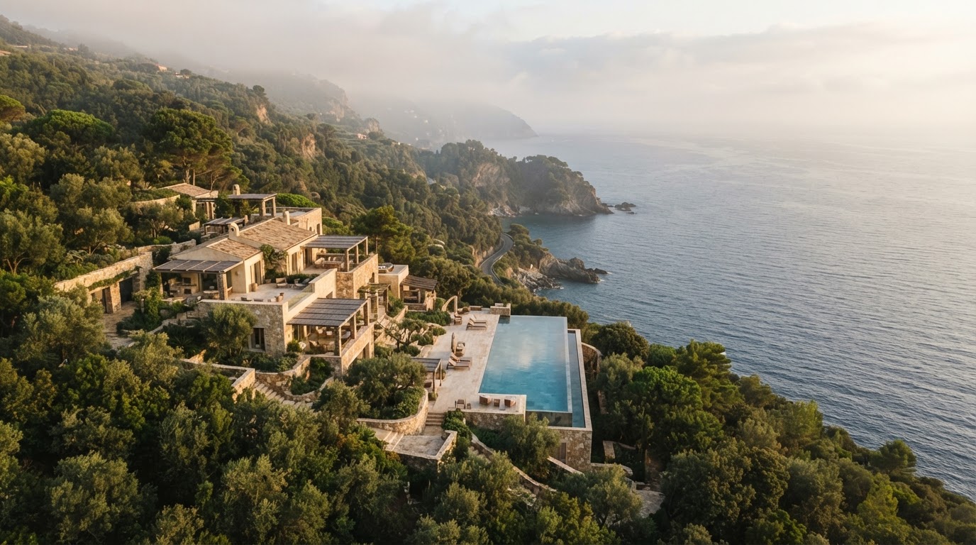 Eco-luxury villa overlooking the Italian coast at golden hour