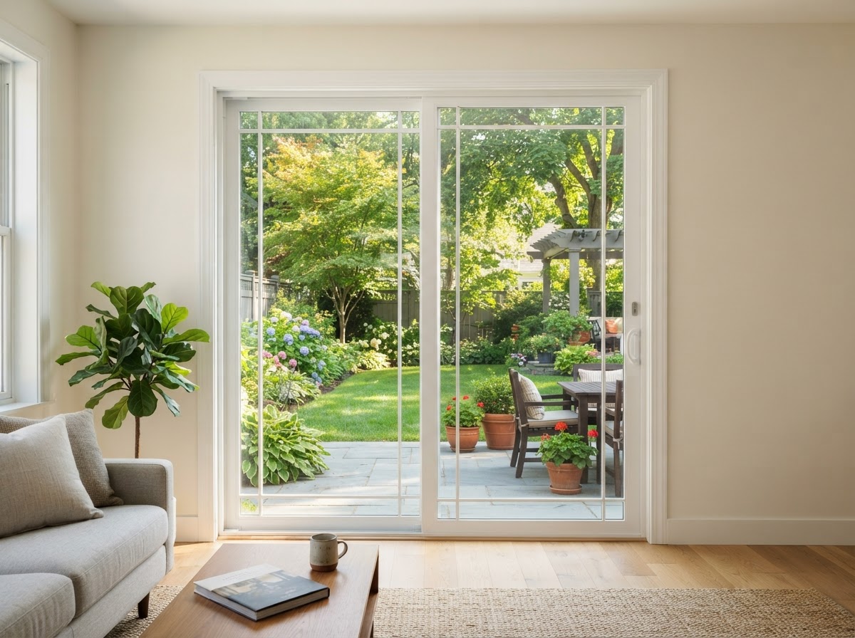 Sliding patio door with large glass panels opening to a backyard