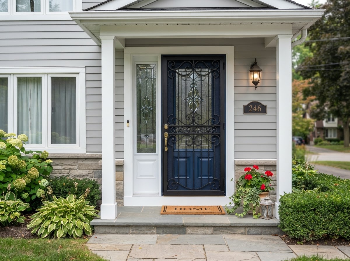 Steel entry door with decorative glass and security door
