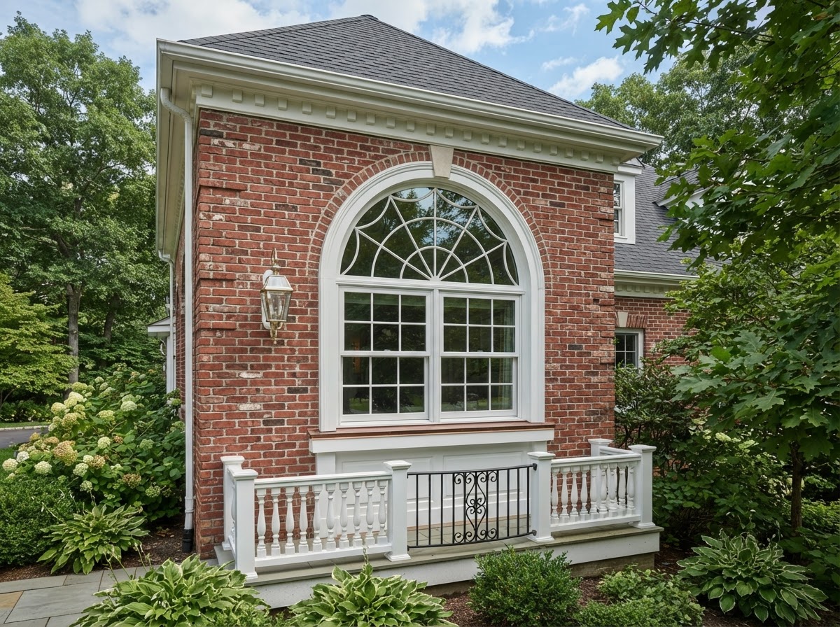 Specialty arched window with curved glass on a colonial home