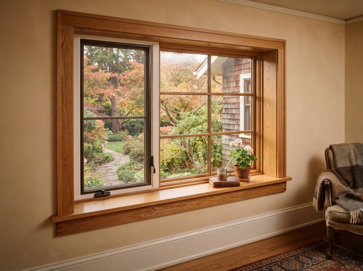 Wood replacement window with natural wood interior trim