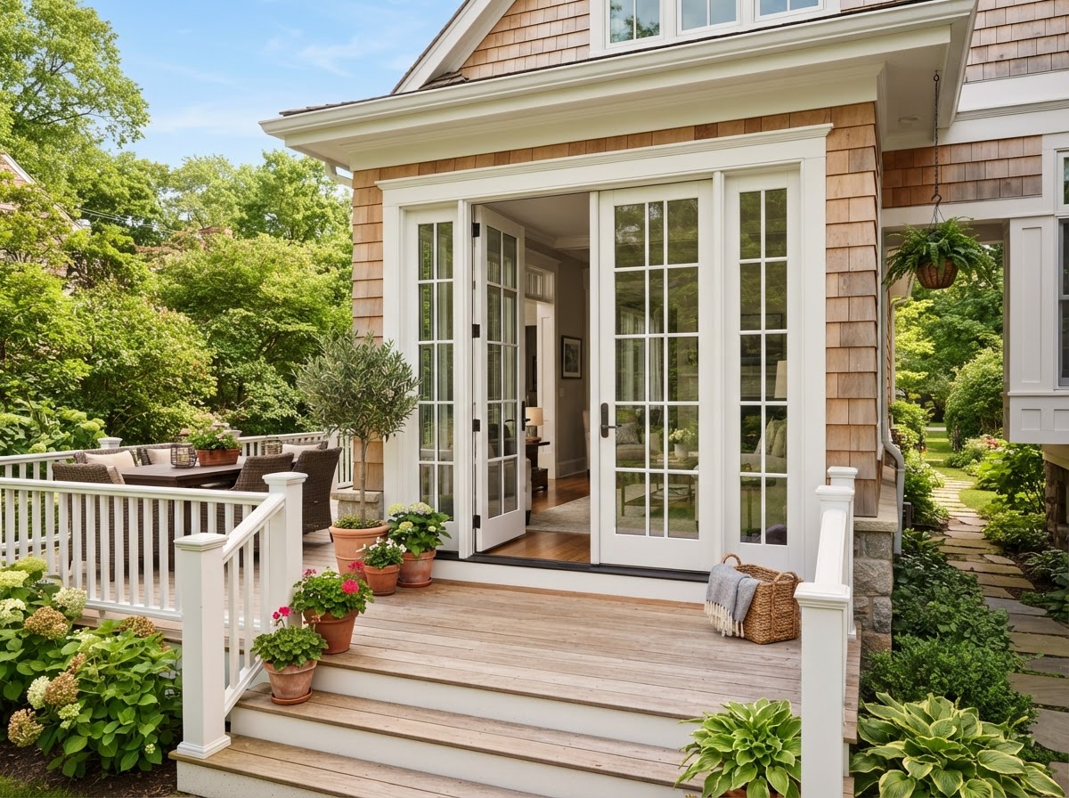 French patio door with divided lights leading to a backyard deck