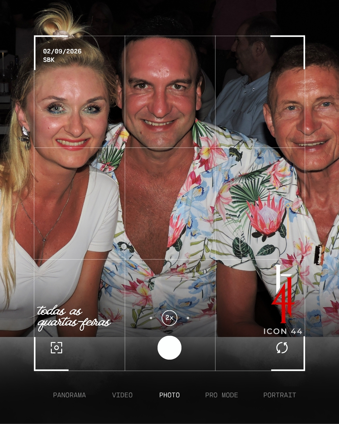 Friends in floral shirts enjoying SBK Wednesday night at ICON44