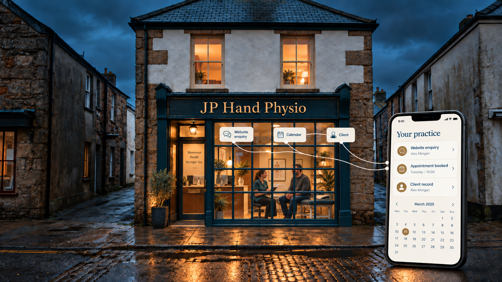 Established JP Hand Physio practice connected directly to modern booking, enquiry, and client management on mobile