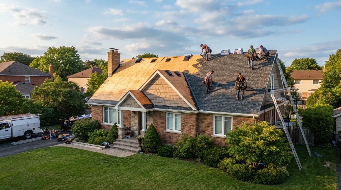 Suburban two-story home mid-roof-replacement with old shingles stripped on one side and new architectural shingles being installed on the other
