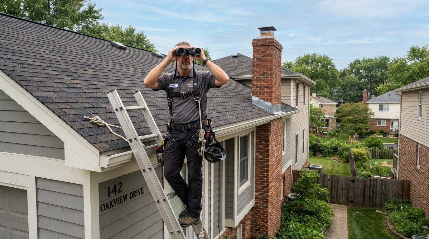 Home inspector examining a residential roof with binoculars during a pre-purchase inspection
