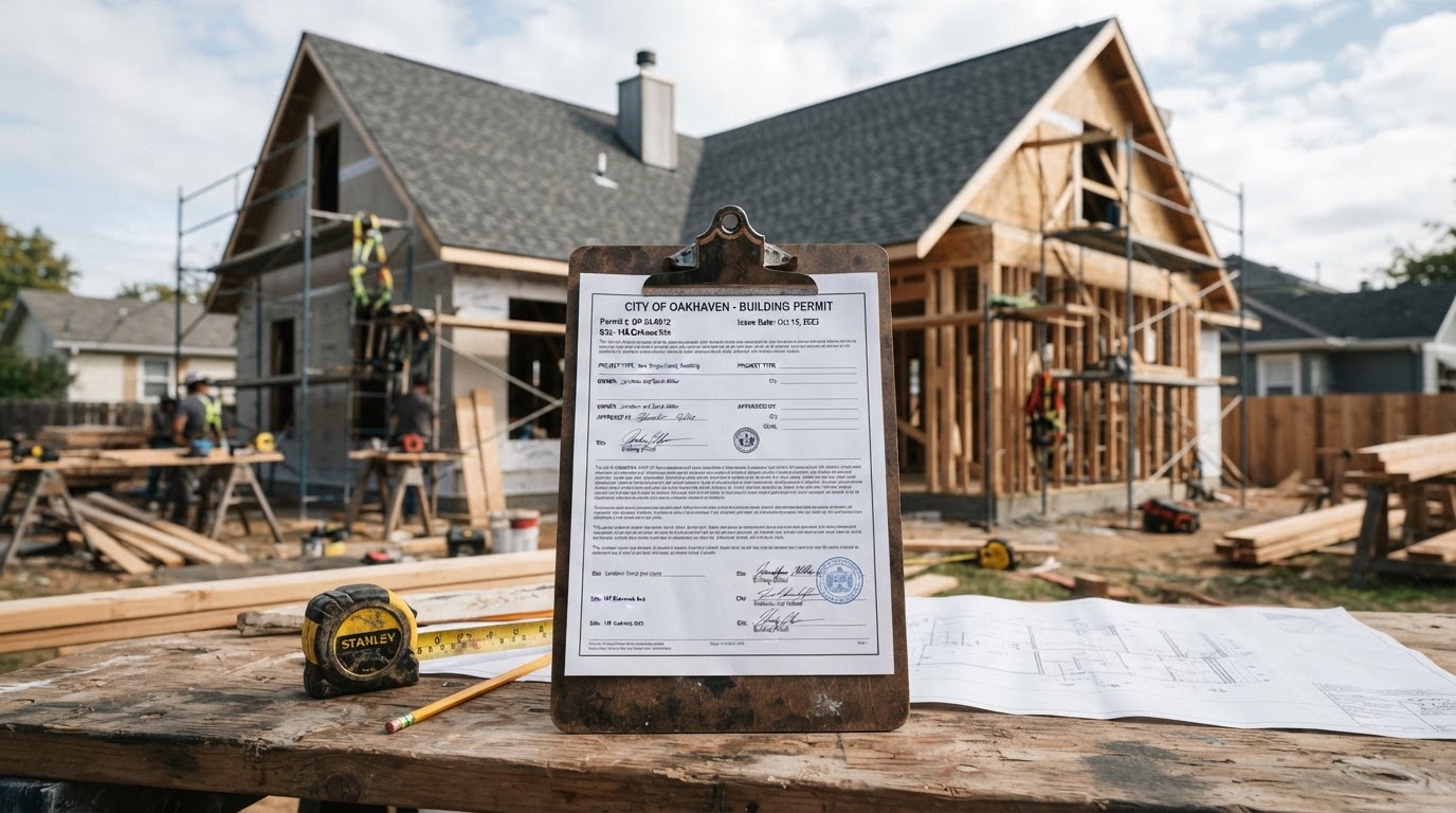 Building permit document and clipboard on a construction site with a residential roof in the background