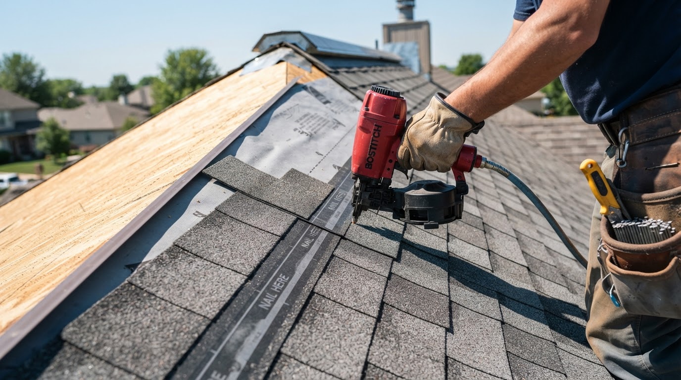 Roofing contractor installing architectural shingles on a residential roof