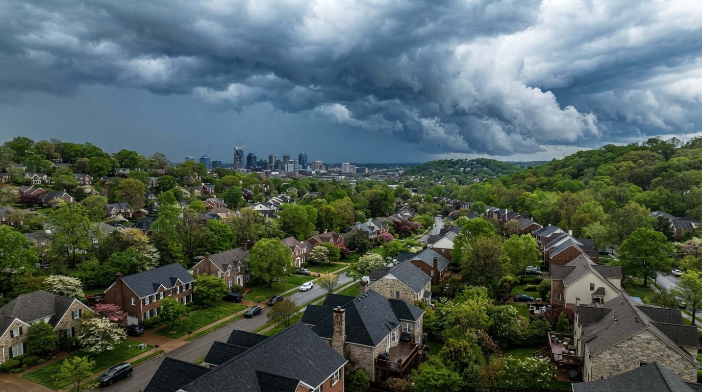 Nashville Tennessee suburban neighborhood rooftops with dramatic spring storm clouds in the background