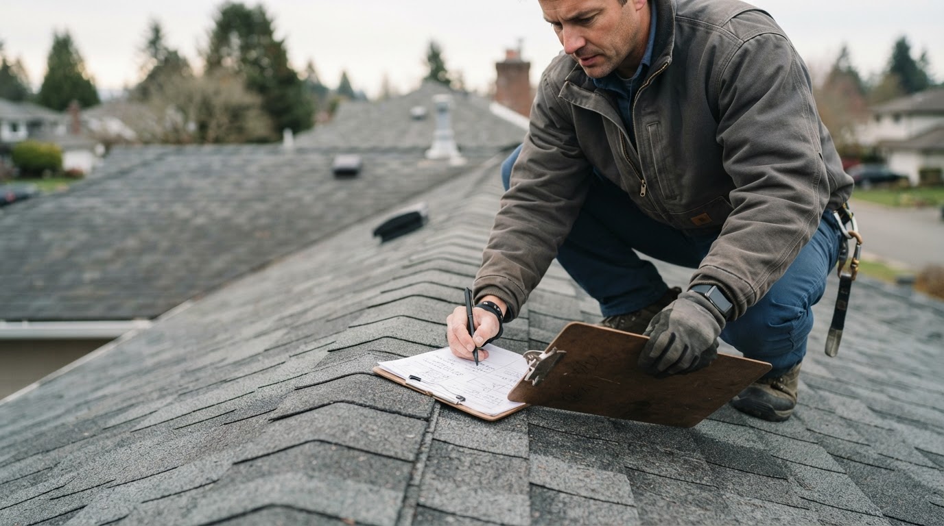 Roofing professional conducting a roof inspection with a clipboard on a residential roof