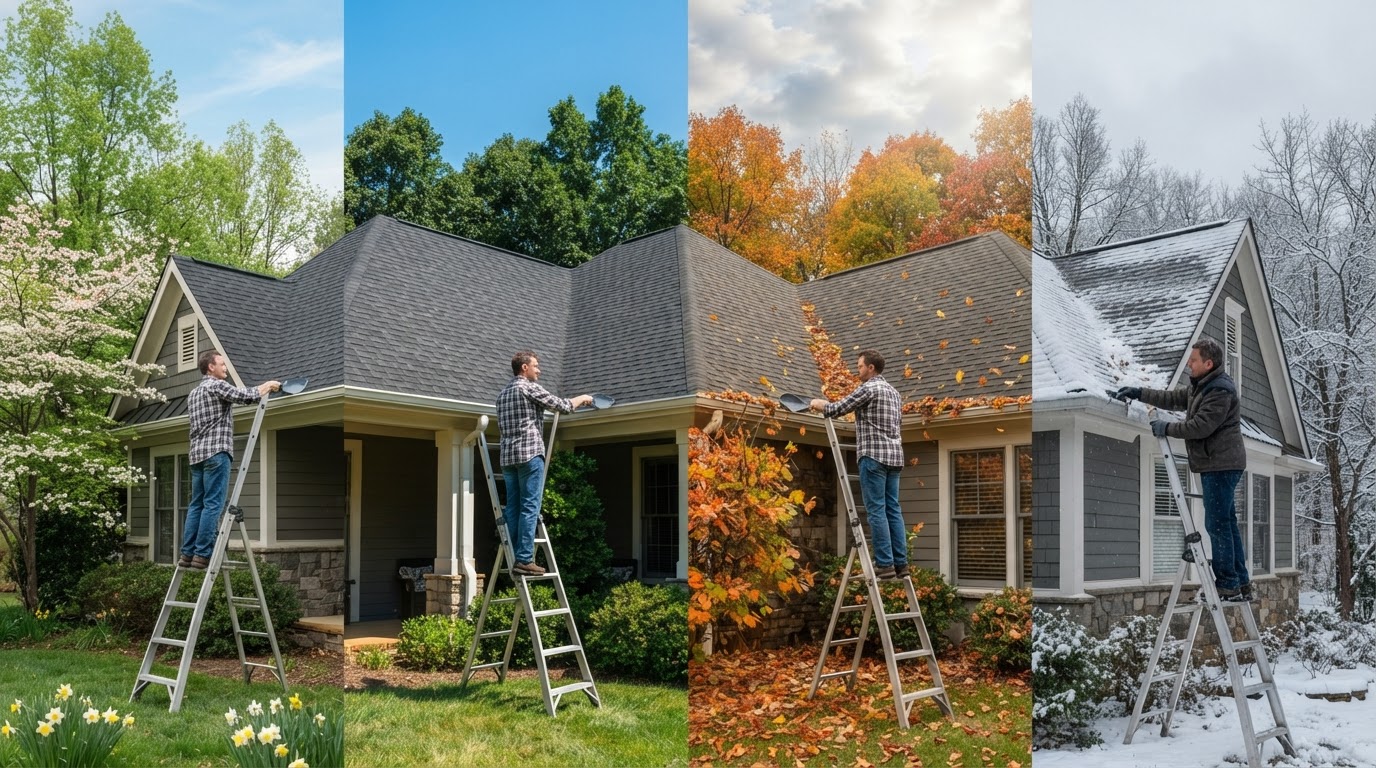 Four-season calendar showing roof maintenance tasks across spring, summer, fall, and winter