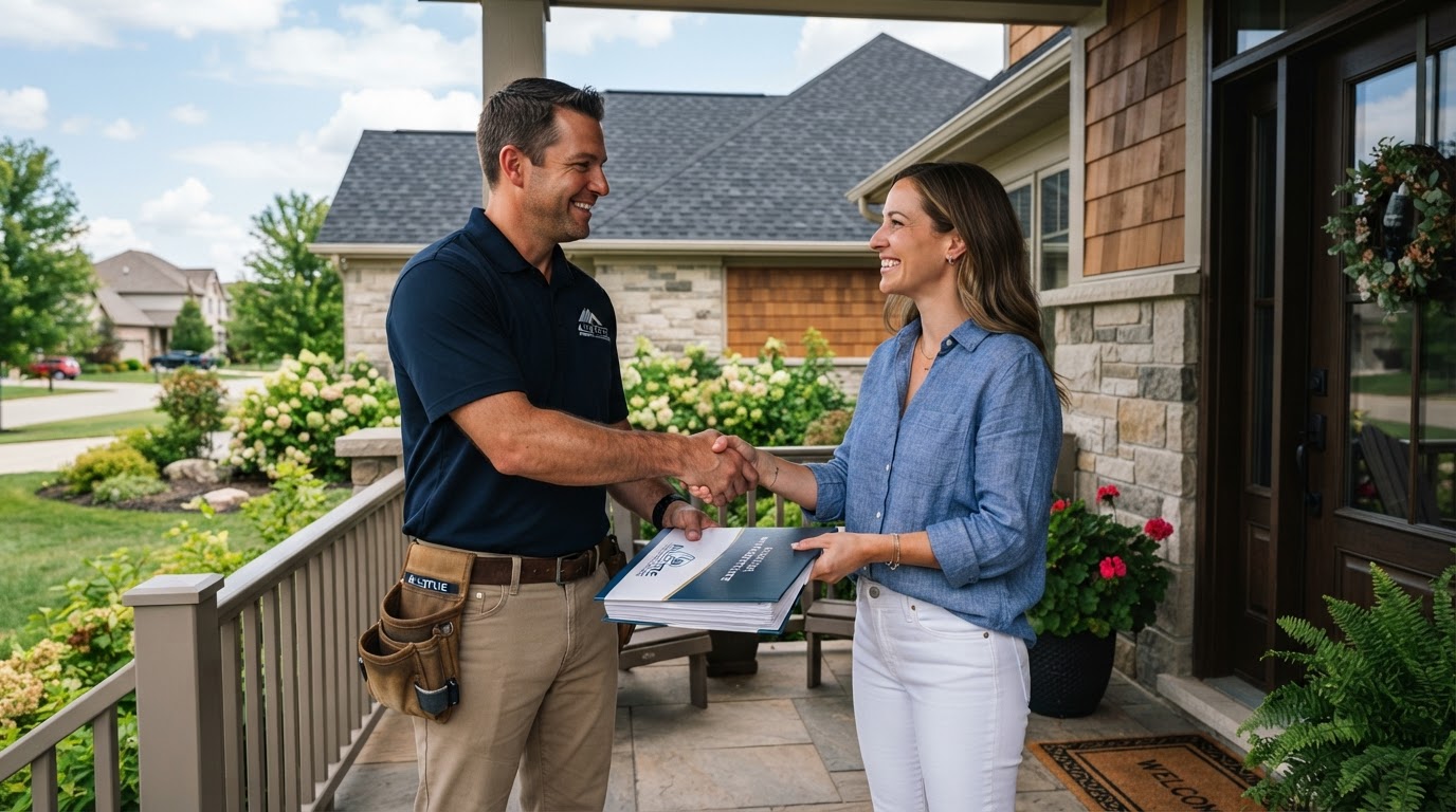 Roofing contractor handing warranty paperwork to a homeowner on a porch