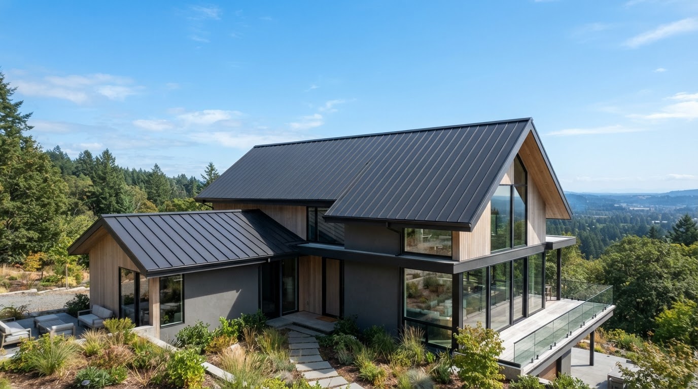 Standing seam metal roof with sleek vertical panels on a modern residential home