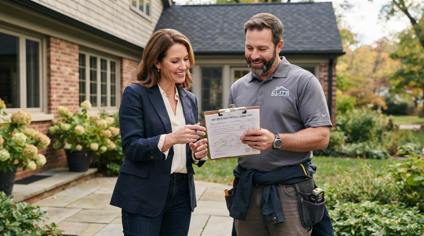 Homeowner reviewing a written roofing estimate with a contractor on-site