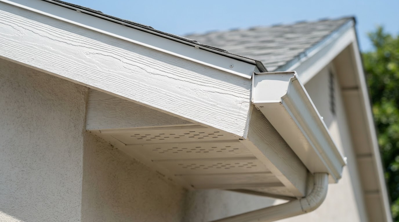 Close-up of roof soffit ventilation holes and painted fascia board with gutters on a residential eave