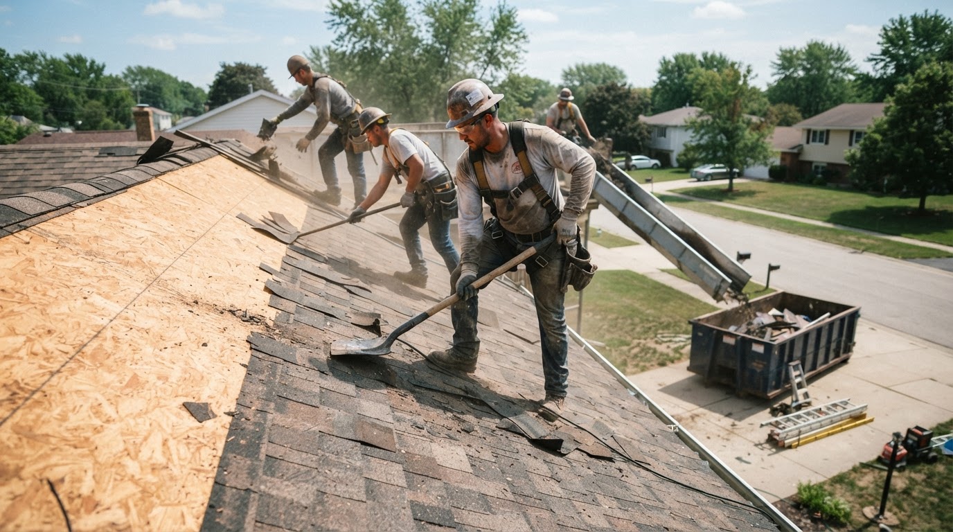 A roofing crew performs a complete tear-off, removing old shingles down to the bare plywood deck
