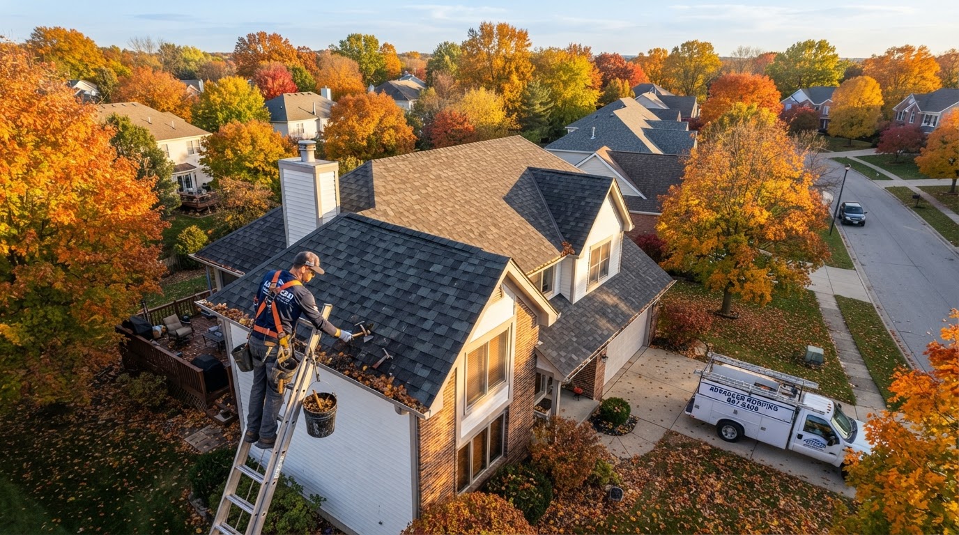 Aerial view of a suburban home in autumn with a roofing contractor on a ladder inspecting the roof and clearing gutters of fallen leaves