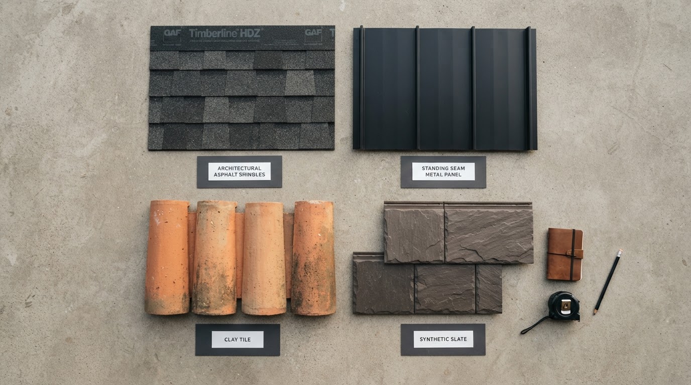 Roofing material samples compared: architectural shingles, standing seam metal, clay tile, and synthetic slate