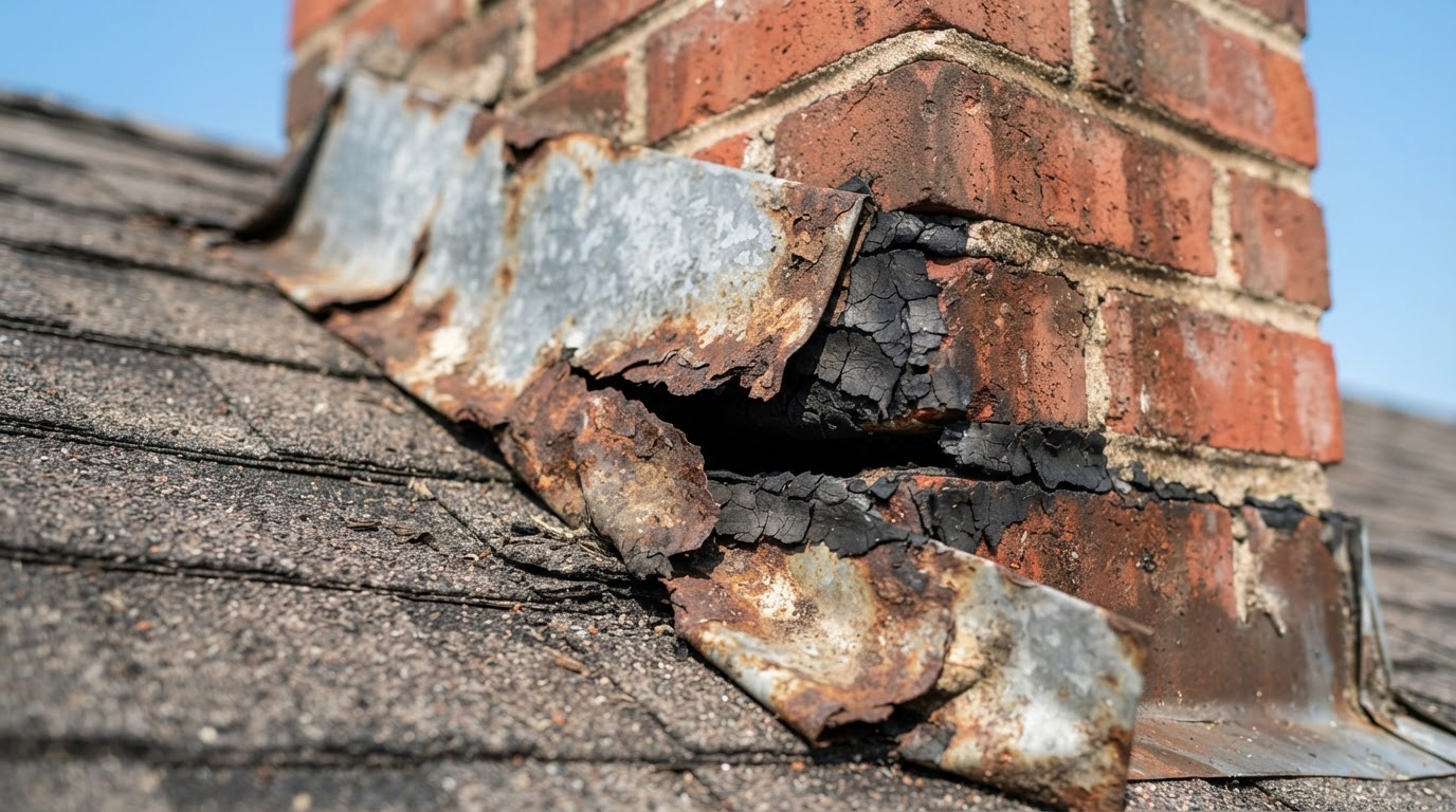 Close-up of corroded metal chimney step flashing meeting a brick chimney on an asphalt shingle roof, showing cracked sealant and a gap where wind-driven rain can enter