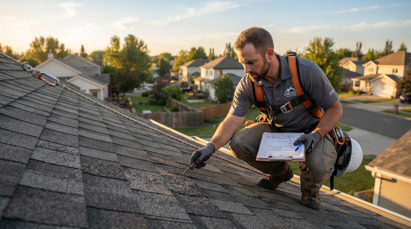 A roofing inspector with a clipboard examining asphalt shingles on a suburban residential roof during golden hour