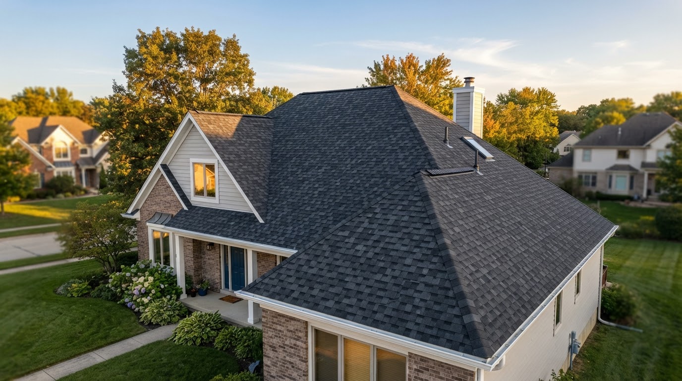 A newly installed architectural asphalt shingle roof on a suburban home showing dimensional layered texture in warm golden-hour light