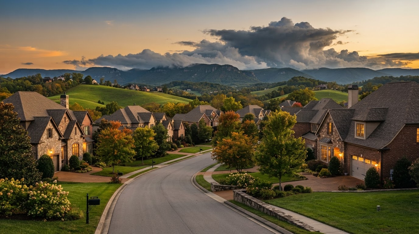 Nashville Tennessee suburban neighborhood rooftops with dramatic spring storm clouds in the background