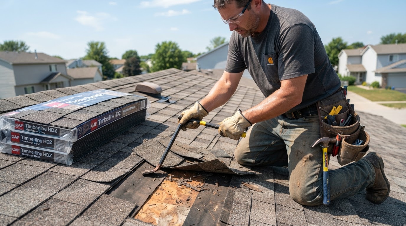 A roofing contractor using a flat bar to lift and remove damaged architectural shingles during a targeted repair, with new replacement shingles stacked nearby