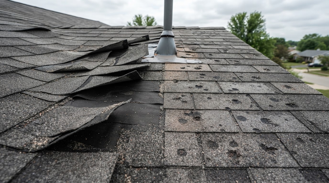 Comparison of wind-lifted creased shingles vs circular hail impact marks on an asphalt shingle roof