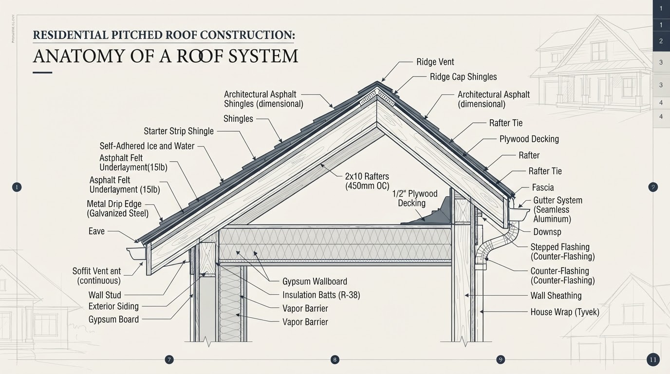 Annotated cross-section of a residential roof showing decking, underlayment, flashing, drip edge and shingle layers