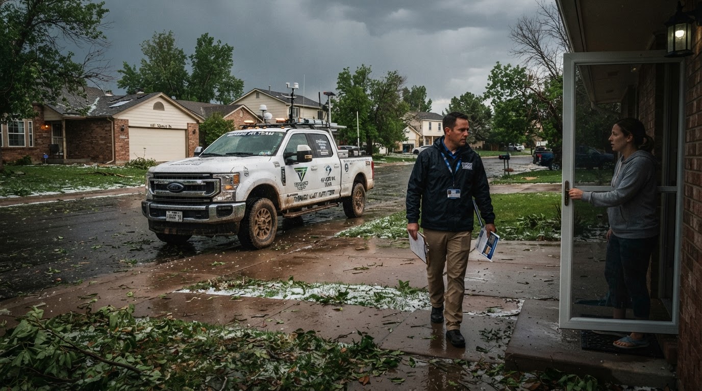 Out-of-state storm chaser truck parked in a suburban driveway after a hailstorm