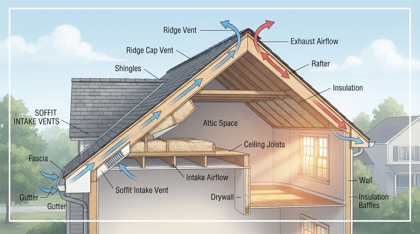 Ridge vent installation along the peak of a residential roof with proper attic ventilation