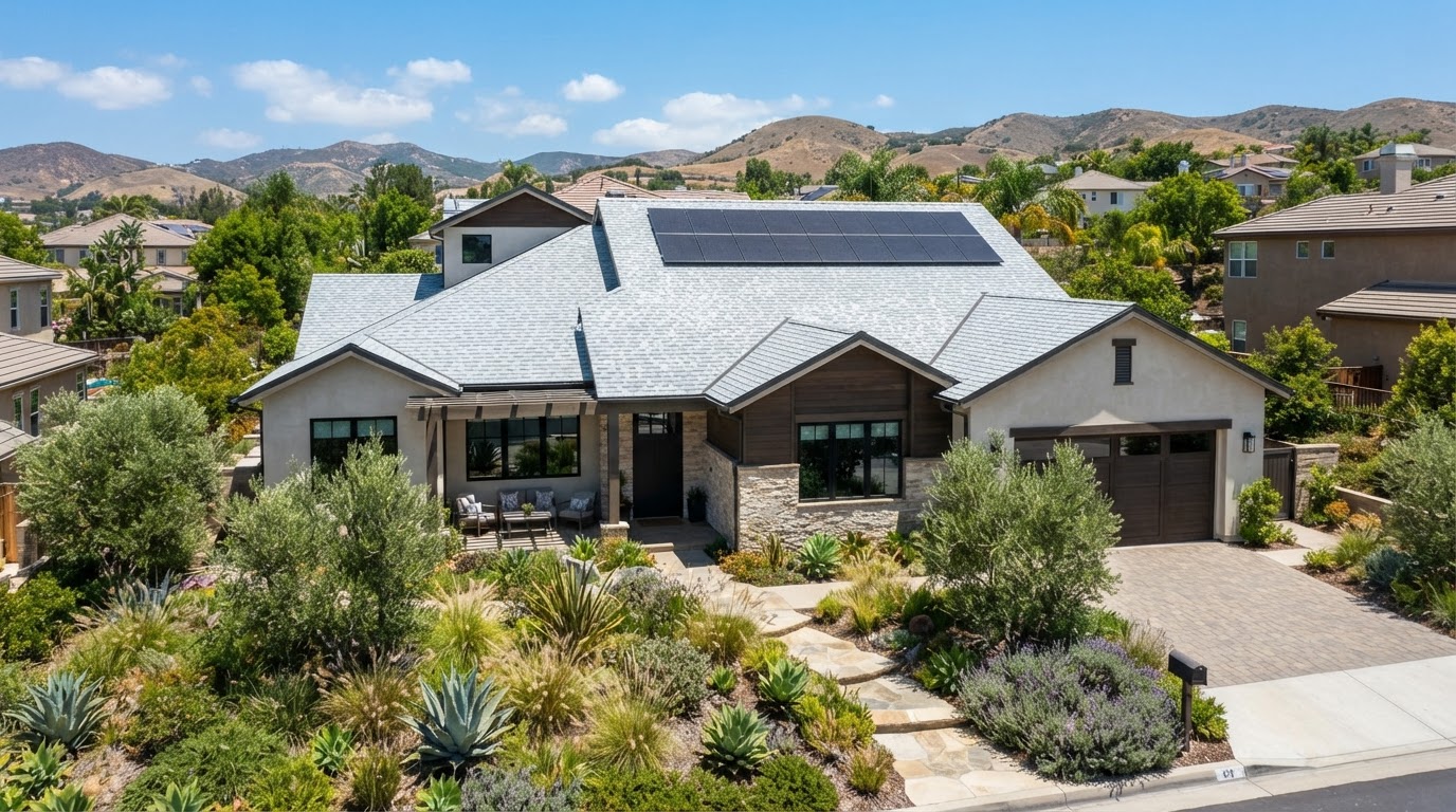 Light-colored cool roof with reflective shingles on a residential home in a sunny climate