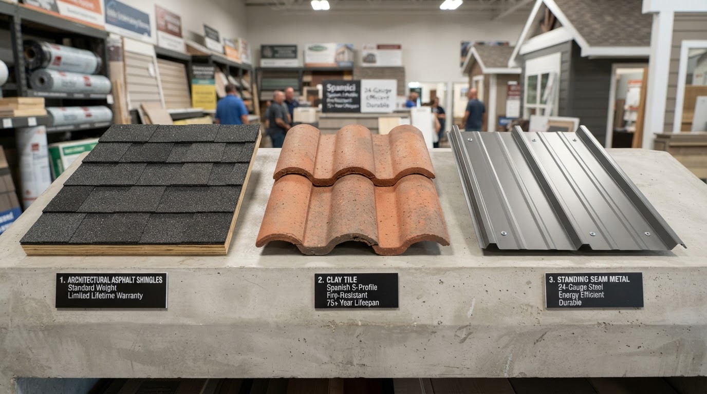 Editorial comparison of asphalt shingle, clay tile, and metal roofing material samples displayed at a building supply showroom