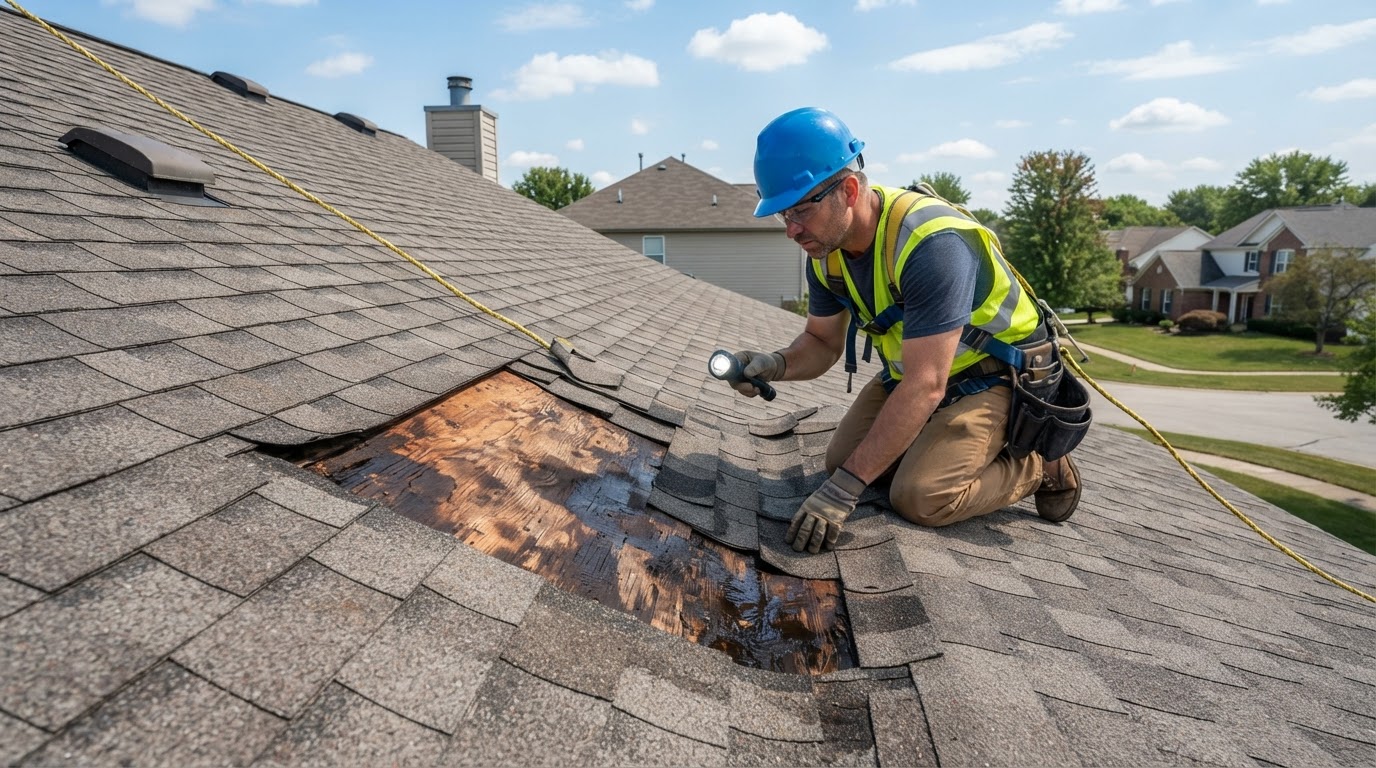 A roofing professional in safety gear inspecting a residential asphalt shingle roof with a flashlight near a roof valley where lifted shingles reveal water stains on the plywood deck beneath