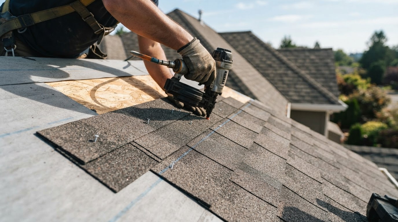 Architectural asphalt shingles being installed on a roof, showing the dimensional layered texture and proper nail placement