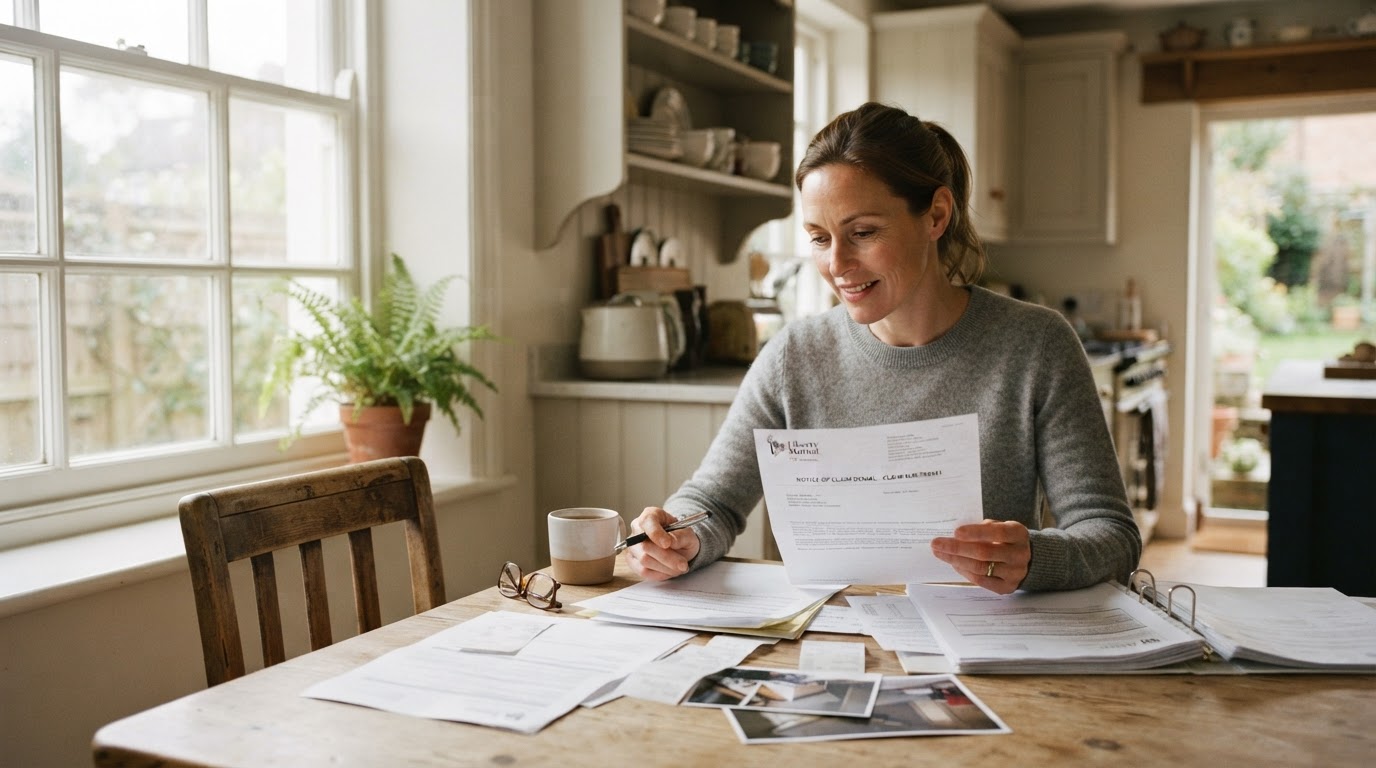 Homeowner reviewing a formal insurance claim denial document alongside an independent contractor estimate
