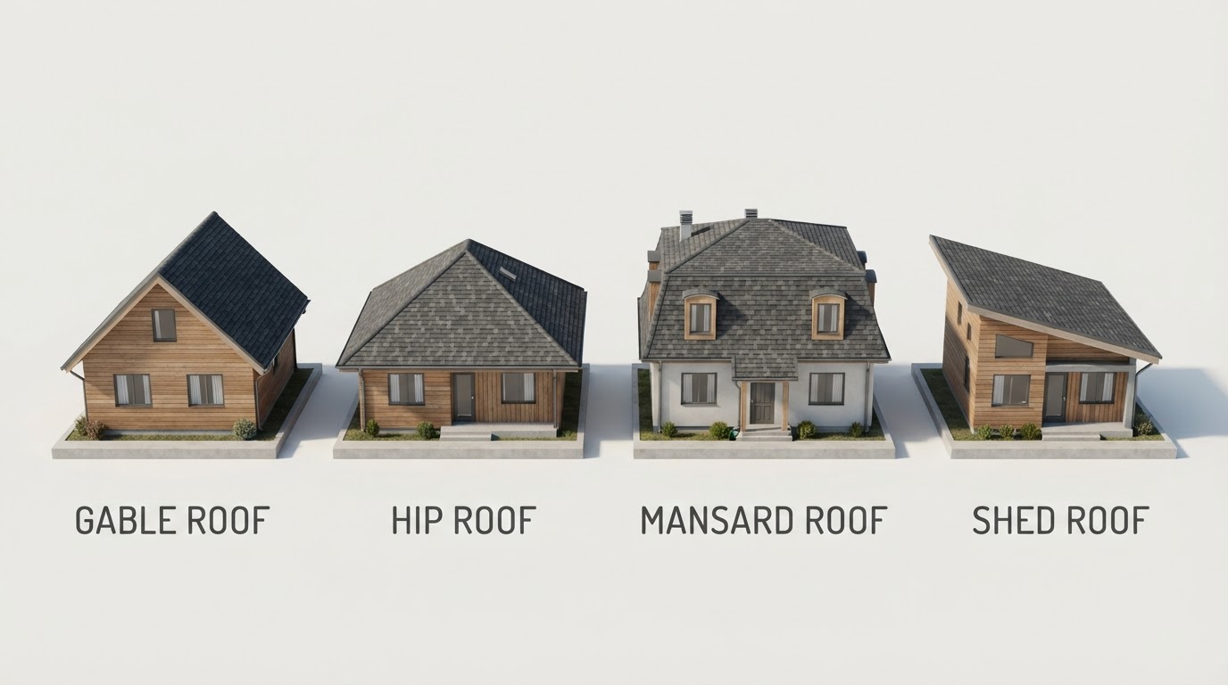 Architectural diagram comparing gable, hip, mansard, and shed roof types on residential homes