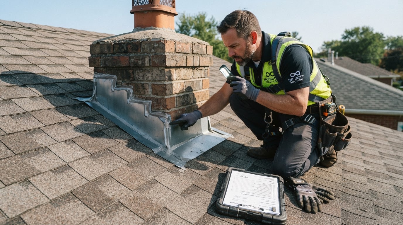 A roofing contractor inspects roof valley and flashing around a chimney with a flashlight