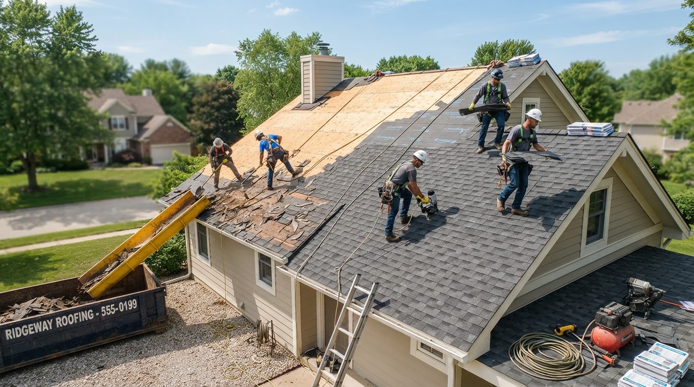 Roofing crew performing a complete roof replacement on a suburban home, tearing off old shingles and installing new architectural shingles