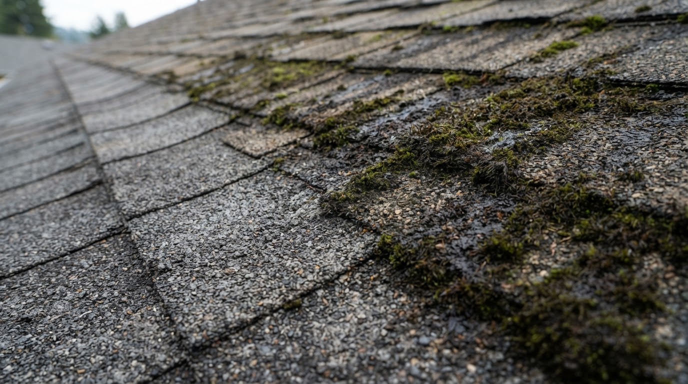 Asphalt roof shingles covered with dark green moss and black algae streaks