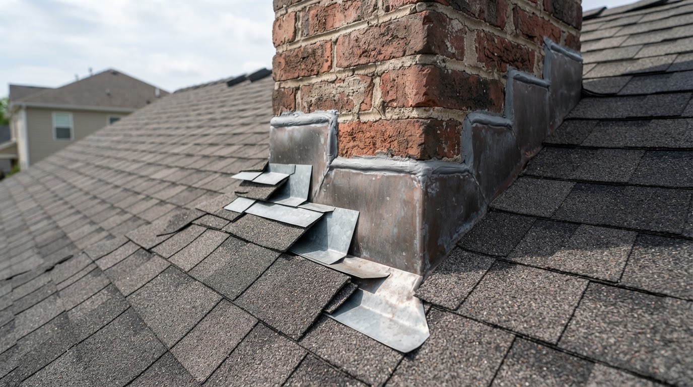 Close-up of metal step flashing and counter-flashing around a brick chimney on a residential roof