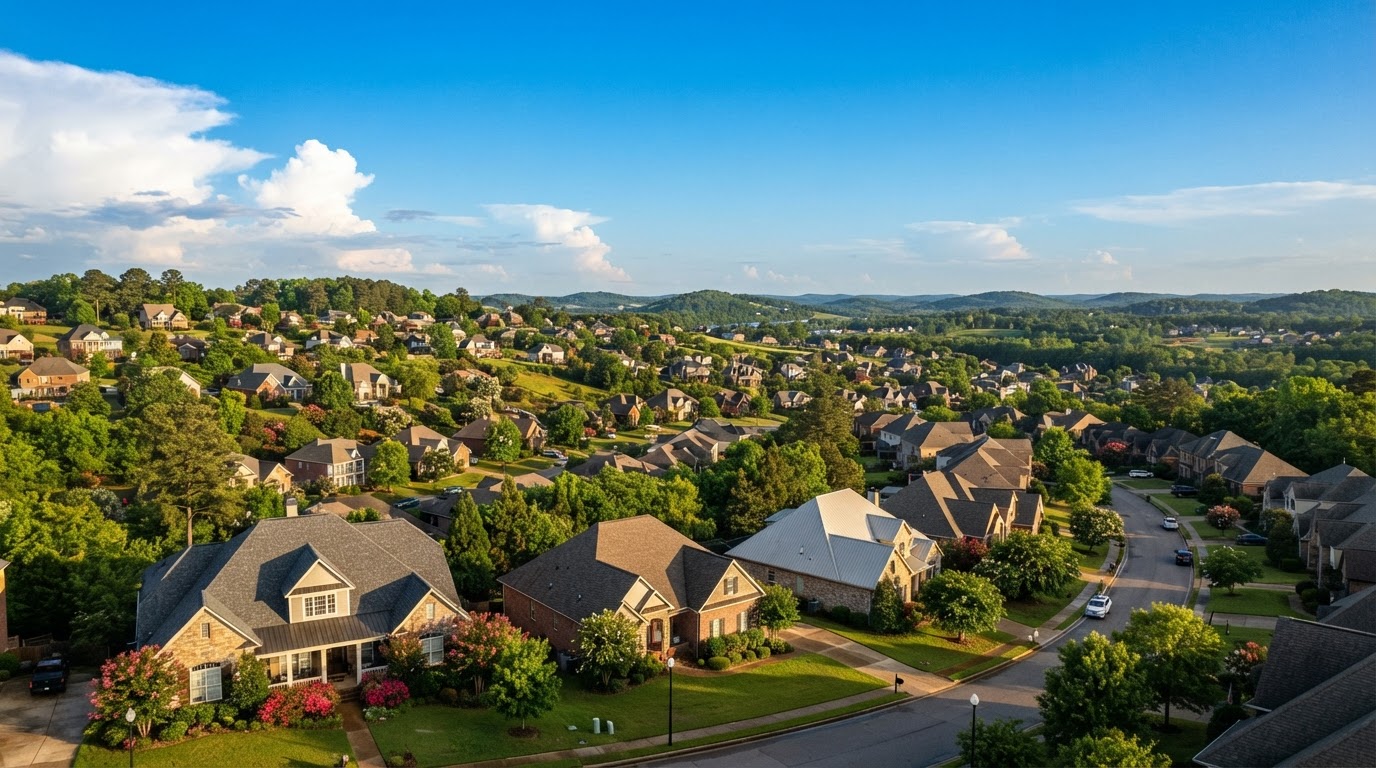 Central Alabama residential homes with rolling hills in the Montgomery River Region area under a clear sky after a storm