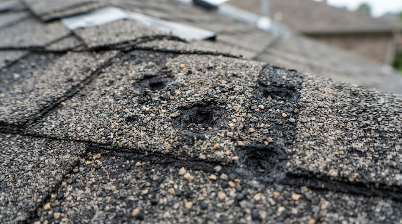 Close-up inspection of hail impact bruises and granule displacement on architectural asphalt shingles