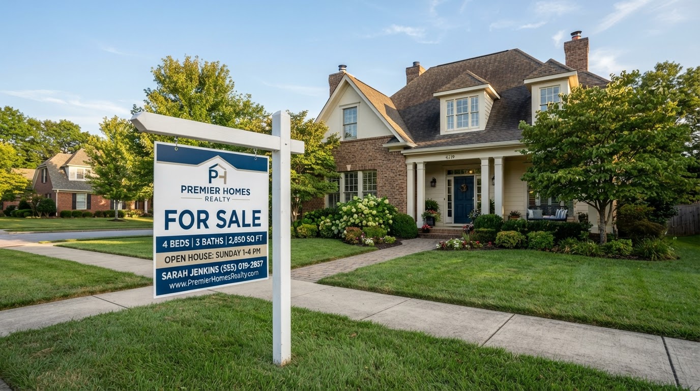 For-sale sign in front of a residential home with a roof visible above